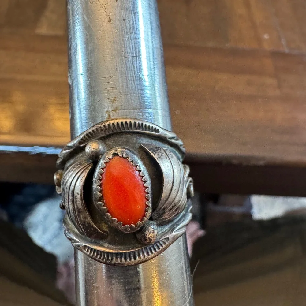 Navajo Ring Mens Size 12 Silver Red Coral LJ Signed Leaf Stamped Southwestern